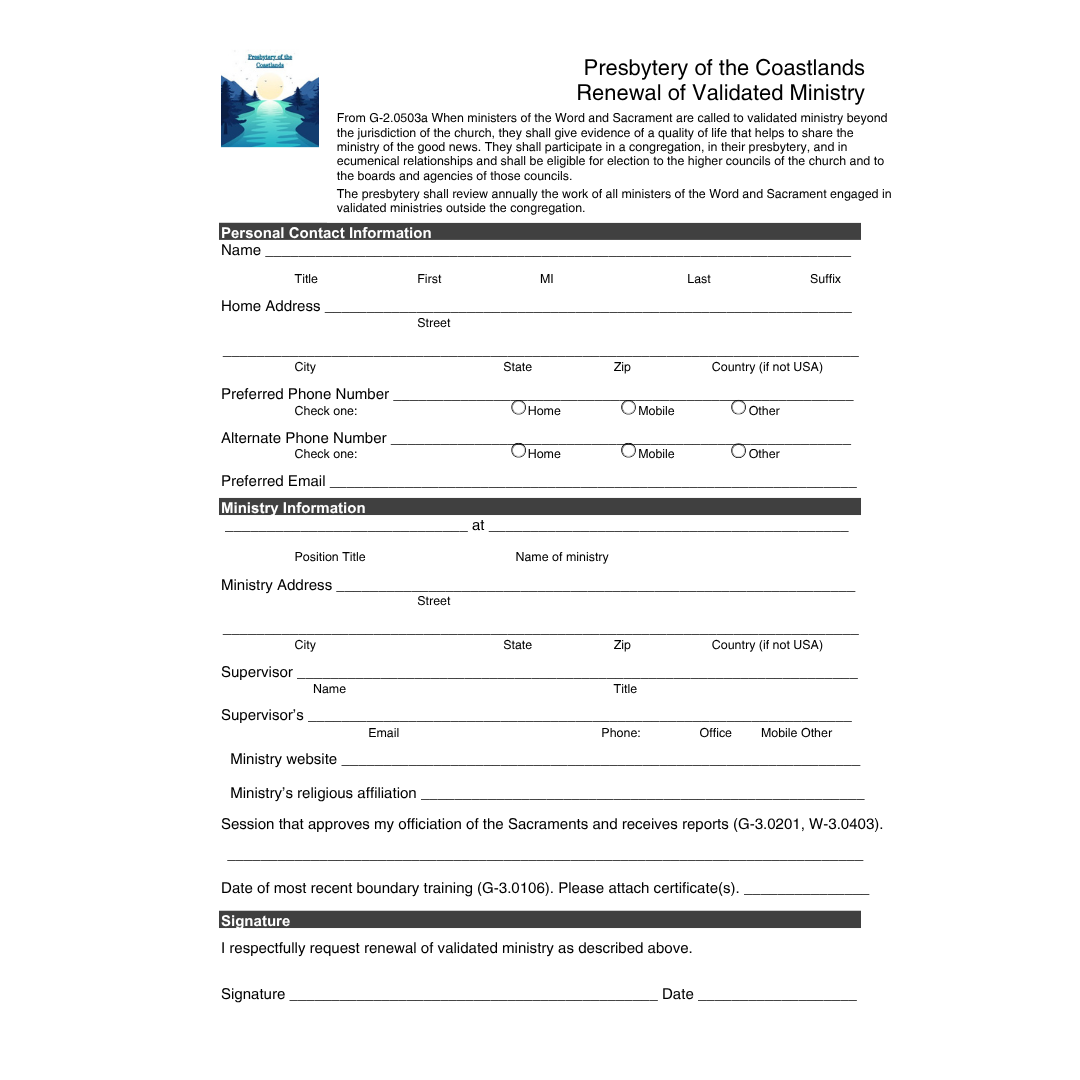 Validation of Ministry - renewal form